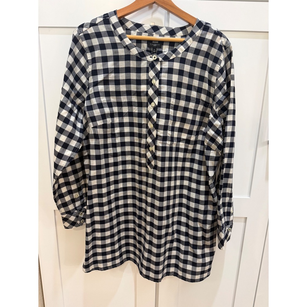 Talbots Woman Gingham Cotton Tunic Shirt Navy White Button Side 1X NWT